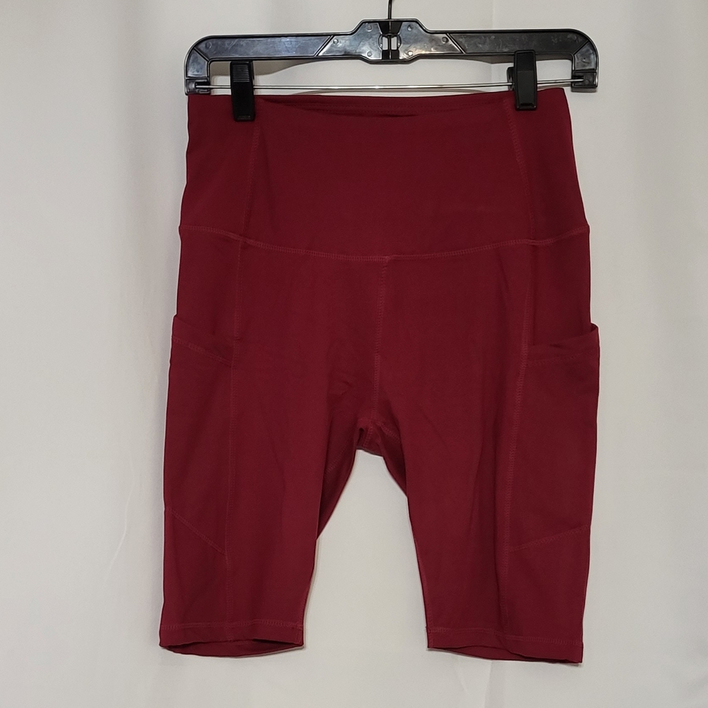 Women's NWOT Burgundy Red High Waisted Biker Shorts w/ Pockets Size Small - Picture 2 of 6
